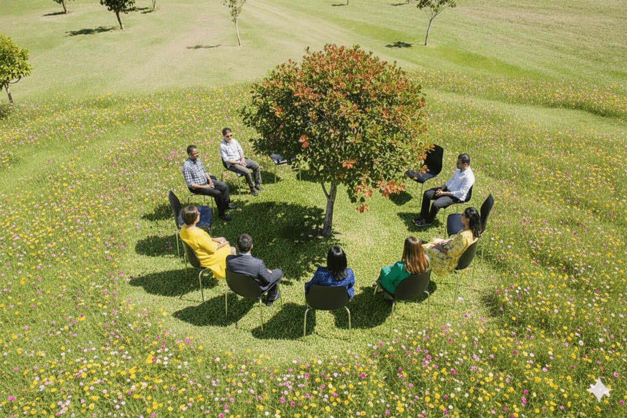Accompagnement collectif en maïeusthésie à Captieux, proche de Langon Groupe de personnes en cercle sous un arbre, symbolisant la coopération et l’écoute dans un accompagnement collectif à Captieux, près de Langon.