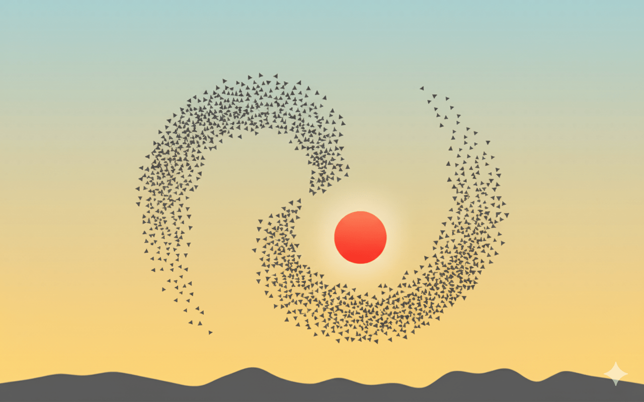 Équilibre et harmonie – Maïeusthésie et accompagnement individuel à Captieux Vol d’oiseaux formant un cercle autour du soleil au lever du jour, symbole d’équilibre et de mouvement intérieur en maïeusthésie à Captieux, Sud Gironde.