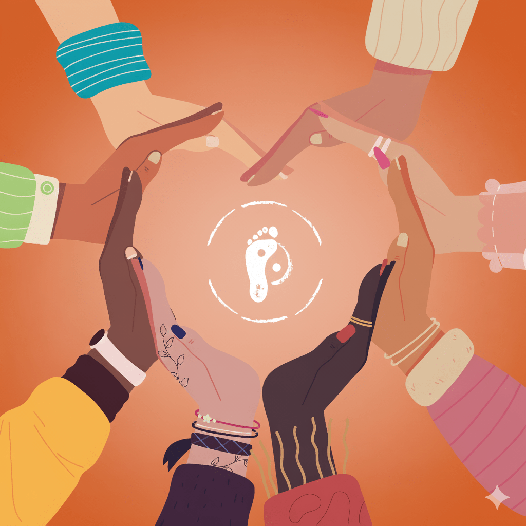 Maïeusthésie et pleine conscience – Accompagnement collectif à Captieux Mains formant un cercle autour d’un symbole, illustrant la coopération, la diversité et la bienveillance dans l’accompagnement collectif à Captieux, Sud Gironde.