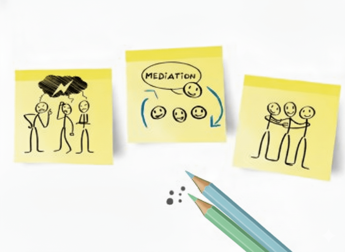 Post-it représentant des équipes en médiation et en collaboration, illustrant l’accompagnement professionnel à Captieux, près de Langon.